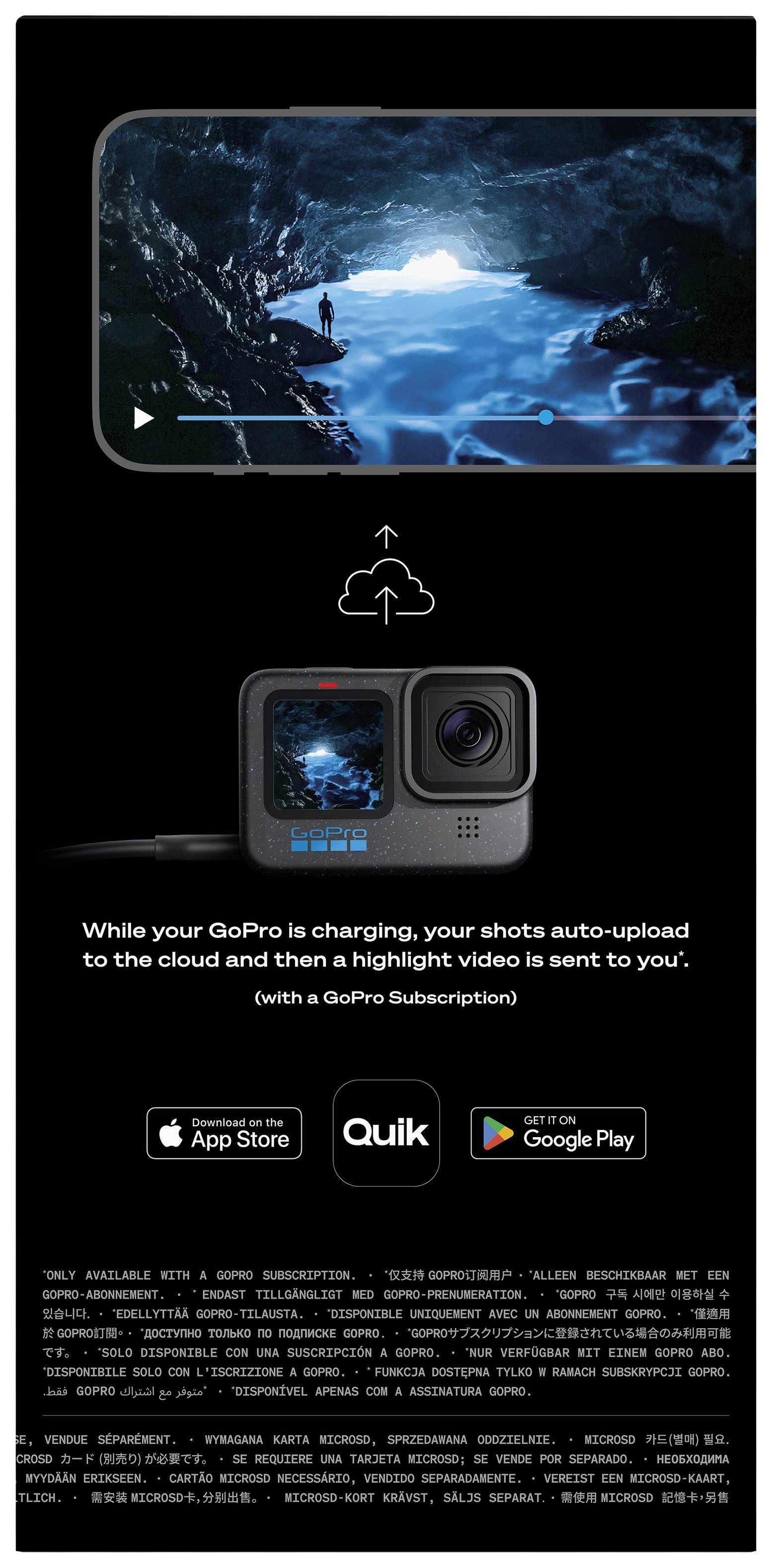 Eine GoPro-Kamera zeigt ein Bergbild. Text: 'While your GoPro is charging, your shots auto-upload to the cloud and then a highlight video is sent to you.'