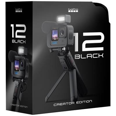 Verpackung für eine GoPro-Kamera, Modell '12 Black Creator Edition'. Zeigt Kamera mit Zubehör und Display.