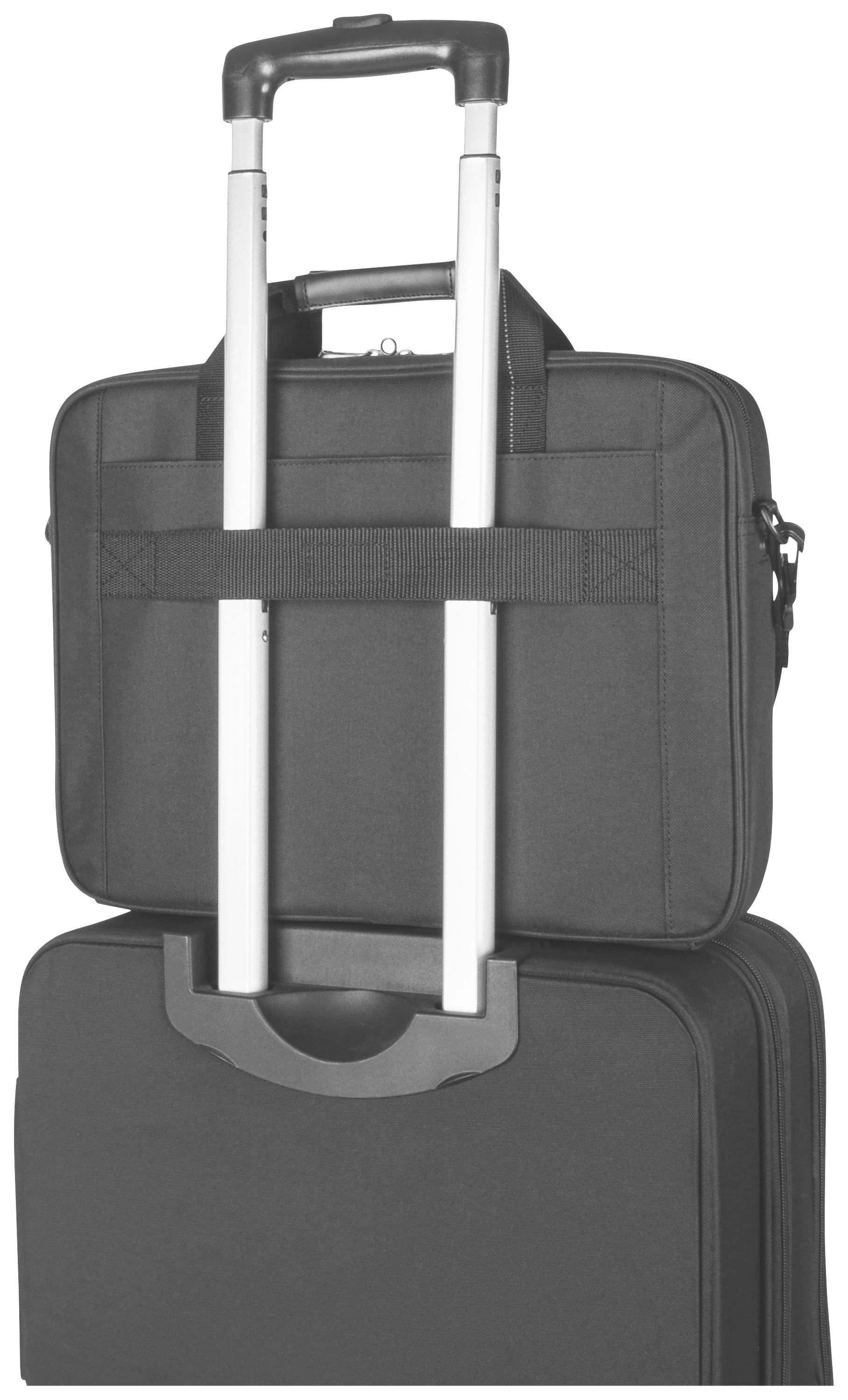 Eine schwarze Laptop-Tasche ist an einem Koffertrolley-Griff befestigt. Sie zeigt eine praktische und platzsparende Reisemöglichkeit.