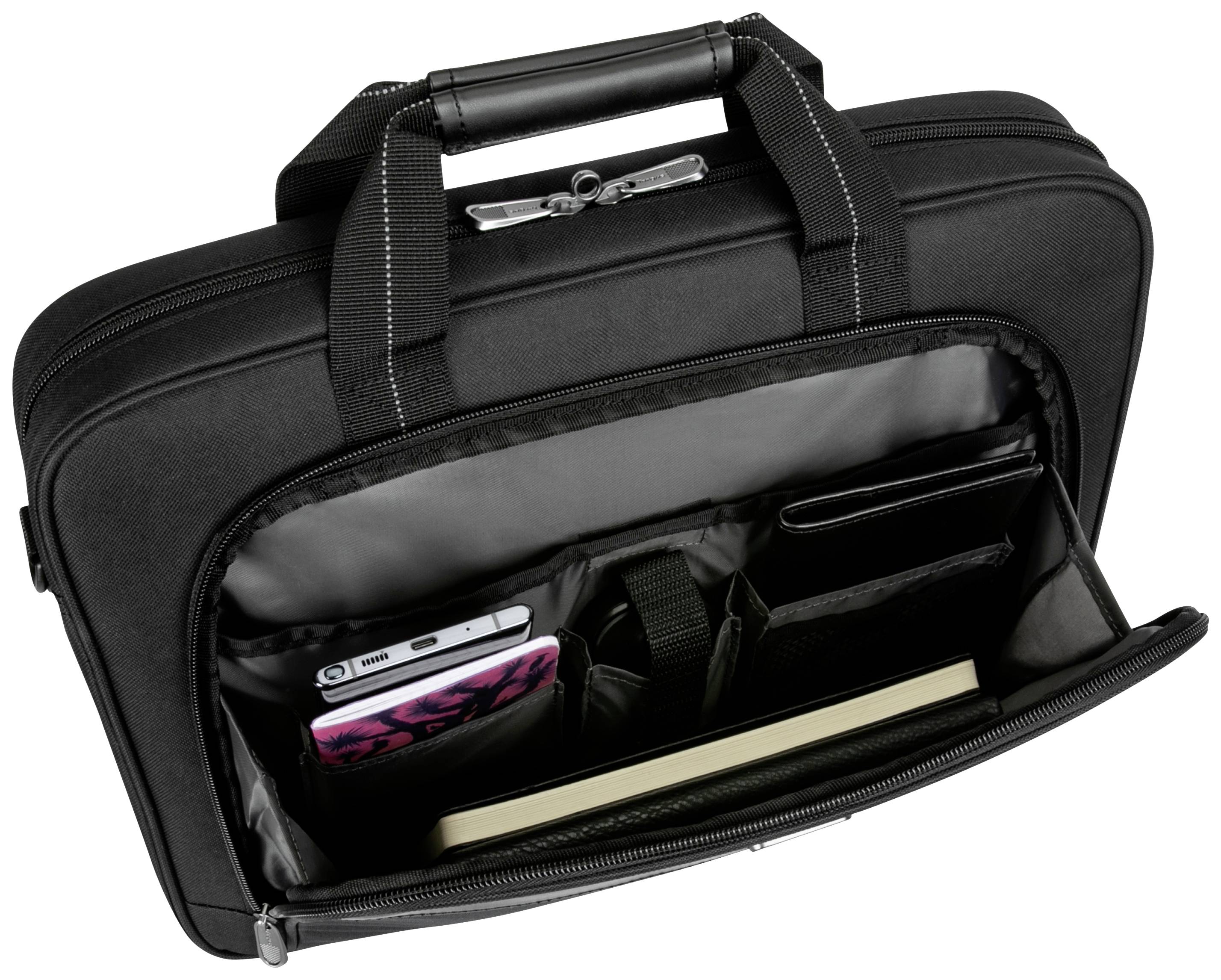 Eine geöffnete schwarze Laptoptasche zeigt Fächer mit einem Smartphone, Notizbuch und Zubehör.