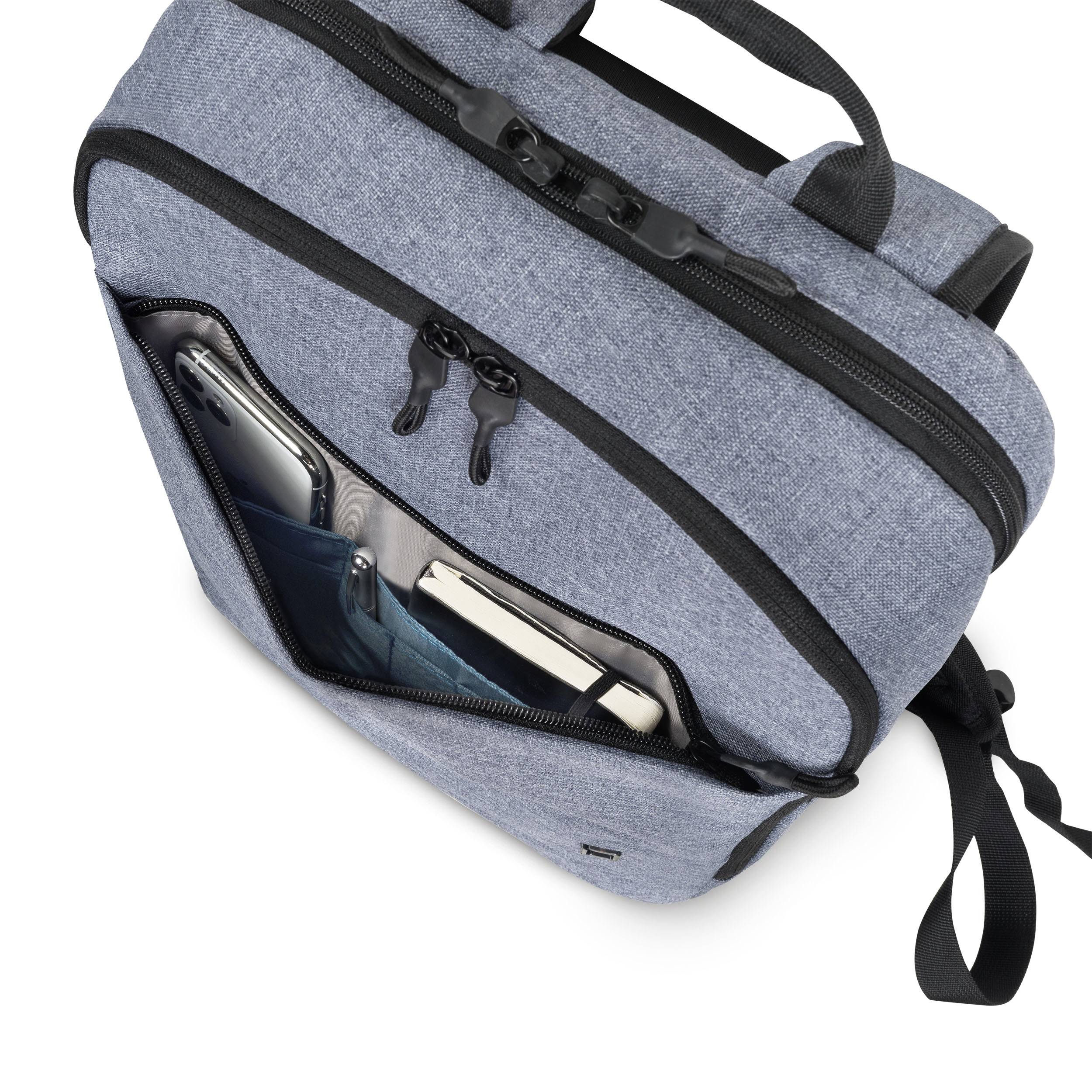 Grauer Rucksack mit einer offenen Außentasche, die ein Smartphone und ein Notizbuch enthält. Der Reißverschluss ist halb geöffnet.