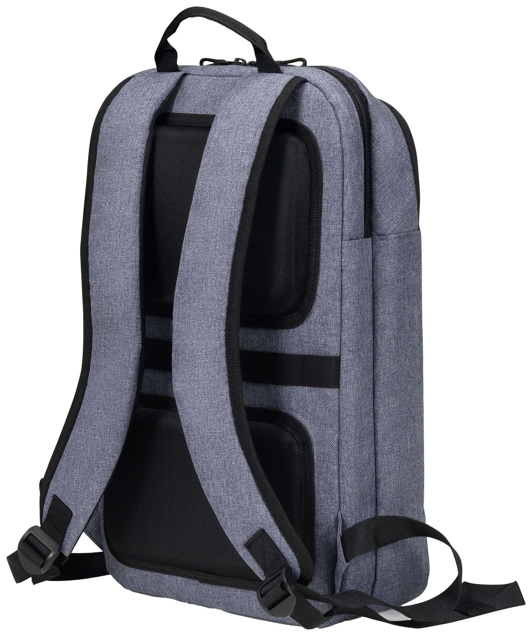 Ein grauer Rucksack mit schwarzen Riemen und gepolstertem Rücken ist abgebildet. Er hat ein schlichtes, modernes Design.