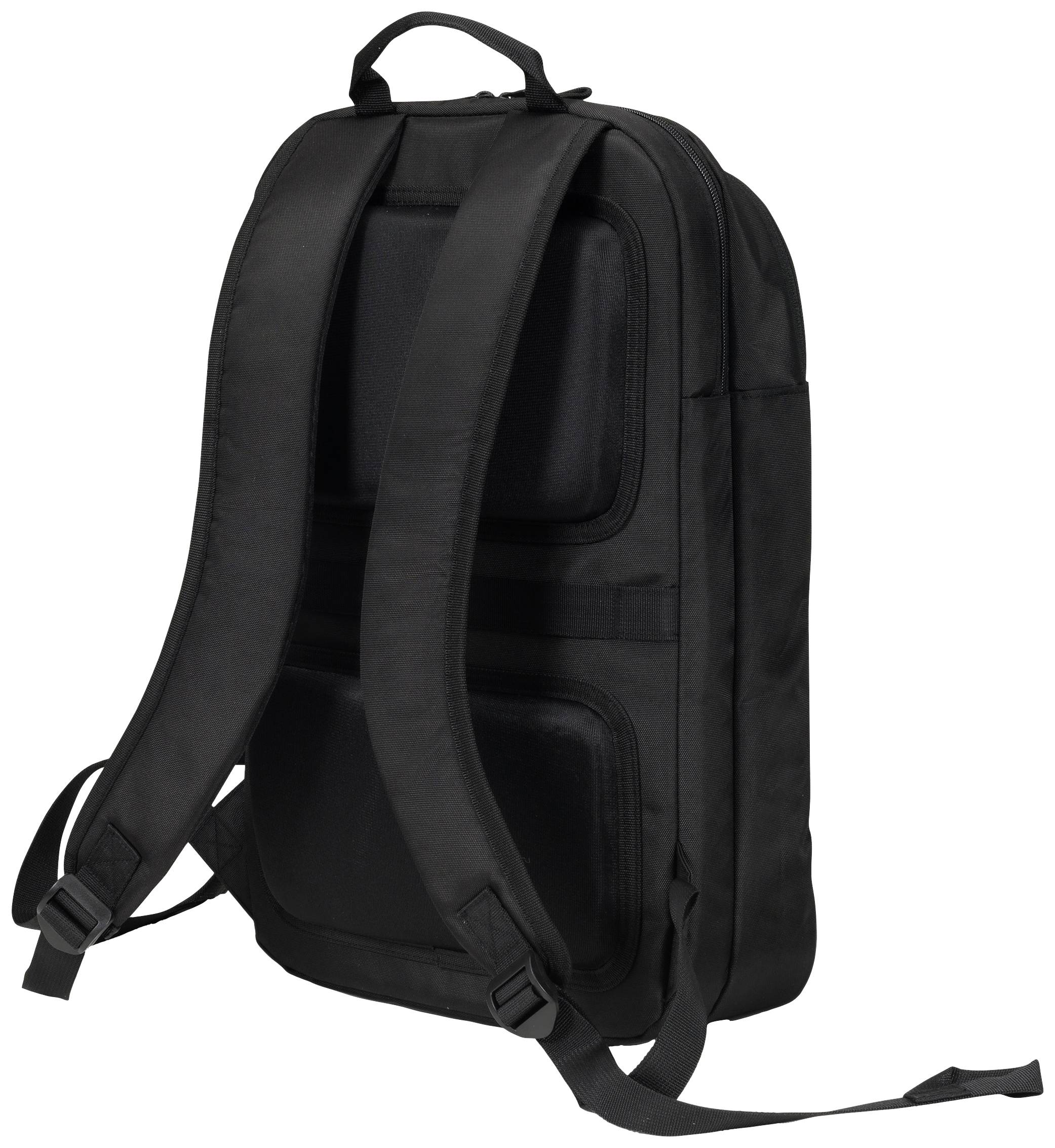 Schwarzer Rucksack mit zwei verstellbaren Schulterriemen und einem Tragegriff oben. Rückseite mit gepolsterter Unterstützung.