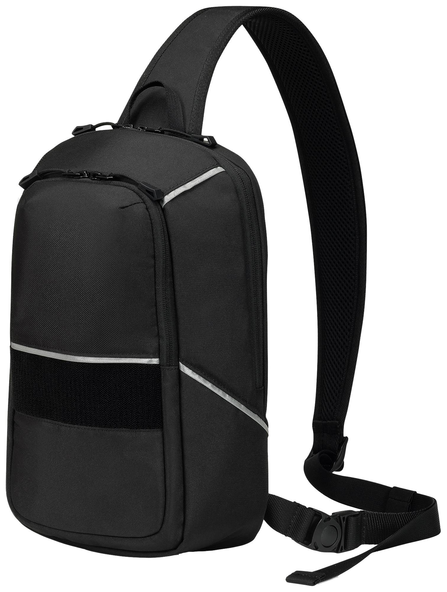 Schwarzer Sling-Rucksack mit einem Hauptfach, einem Reißverschluss und einem verstellbaren Schultergurt. Ideal für unterwegs.