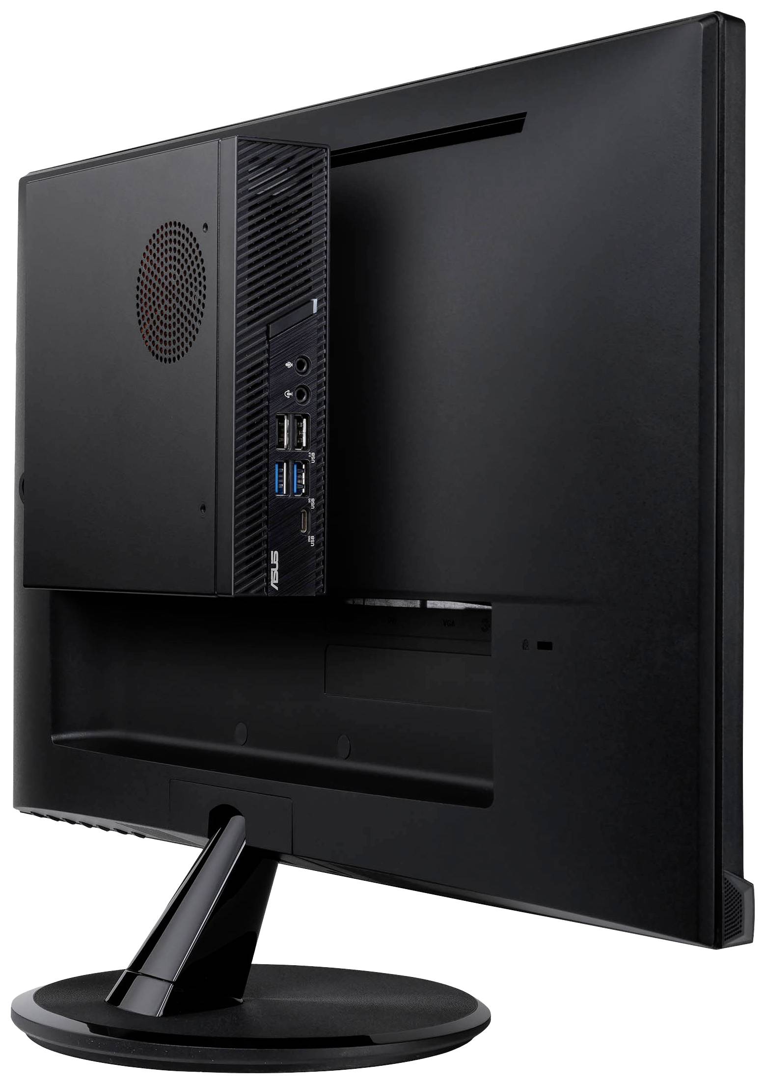 Rückansicht eines schwarzen Monitors mit integriertem Mini-PC, diverse Anschlüsse sichtbar.