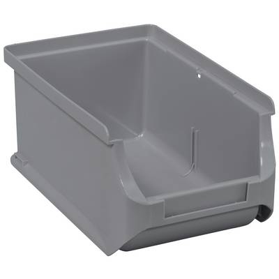 Graue Aufbewahrungsbox aus Kunststoff mit offener Front, geeignet zur Lagerung von Gegenständen.
