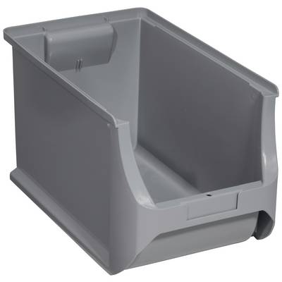 Graue, stapelbare Kunststoff-Aufbewahrungsbox mit offenem Zugang vorne. Ideal zur Lager- und Organisation von Kleinteilen.