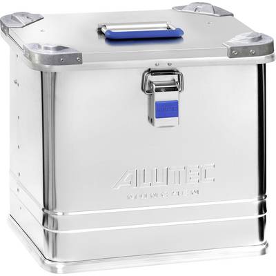 Aluminium-Aufbewahrungsbox mit blauem Griff und Verschluss, mit geprägtem Branding an der Seite. Geeignet für sichere und langlebige Lagerung.