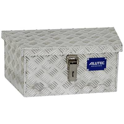 Metallkiste mit Rautenmuster-Oberfläche und Schloss, blaues Schild mit 'ALUTEC MÜNCHEN' an der Seite.