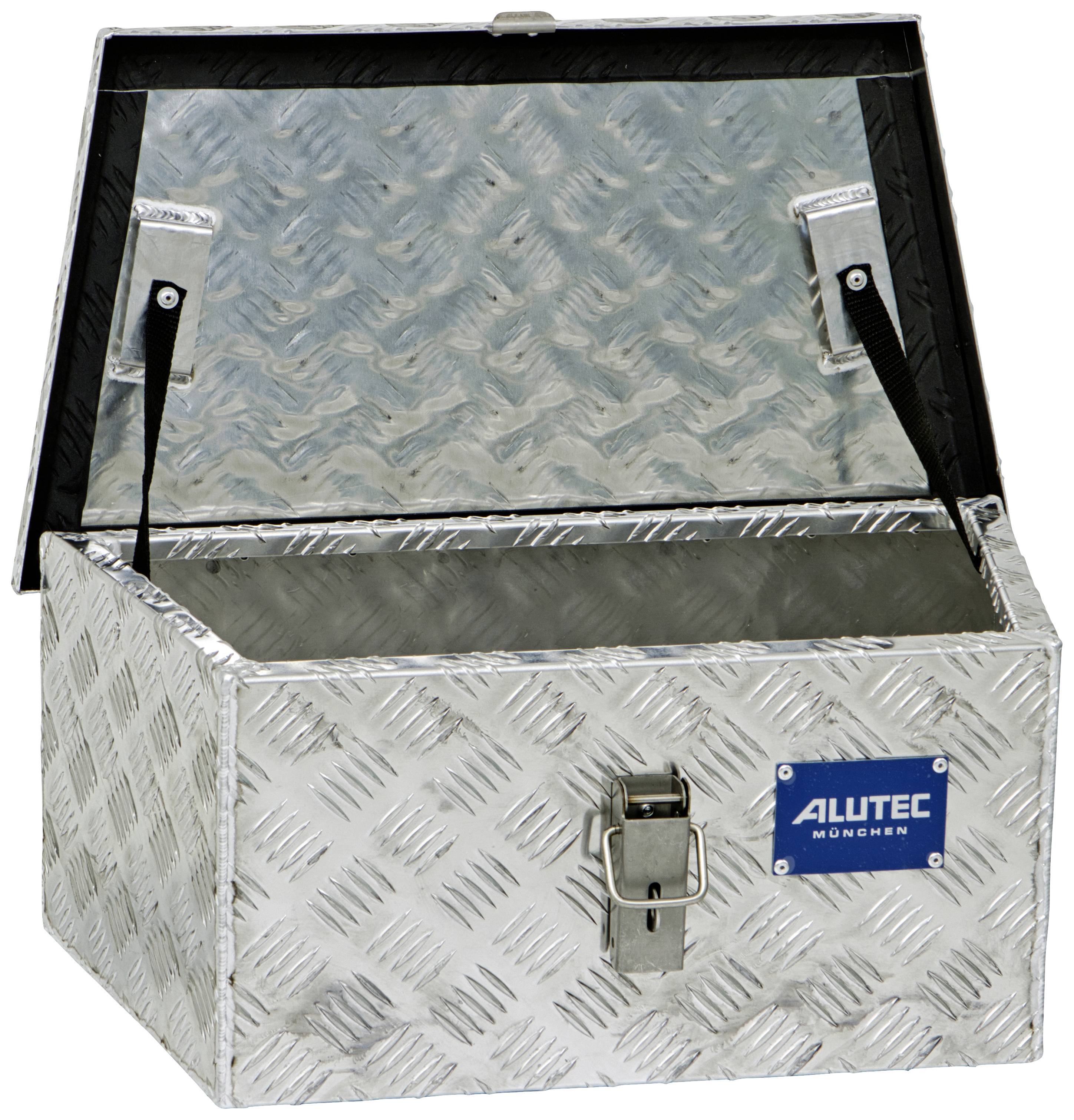 Metallkiste mit Schloss und geöffnetem Deckel, hergestellt aus genopptem Aluminiumblech. Logo 'Alutec München' vorne.