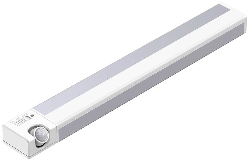 Eine längliche LED-Leuchte mit integriertem Bewegungsmelder, geeignet für Unterbau in Küche oder Möbel.
