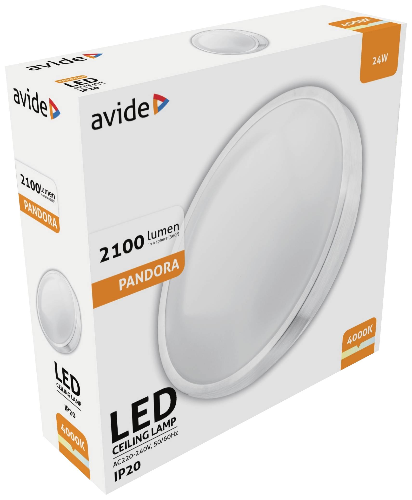Verpackung eines Avide LED-Deckenlampenmodells 'Pandora', 2100 Lumen, 24W. Farbtemperatur 4000K, IP20. Abbildung einer weißen Lampe.