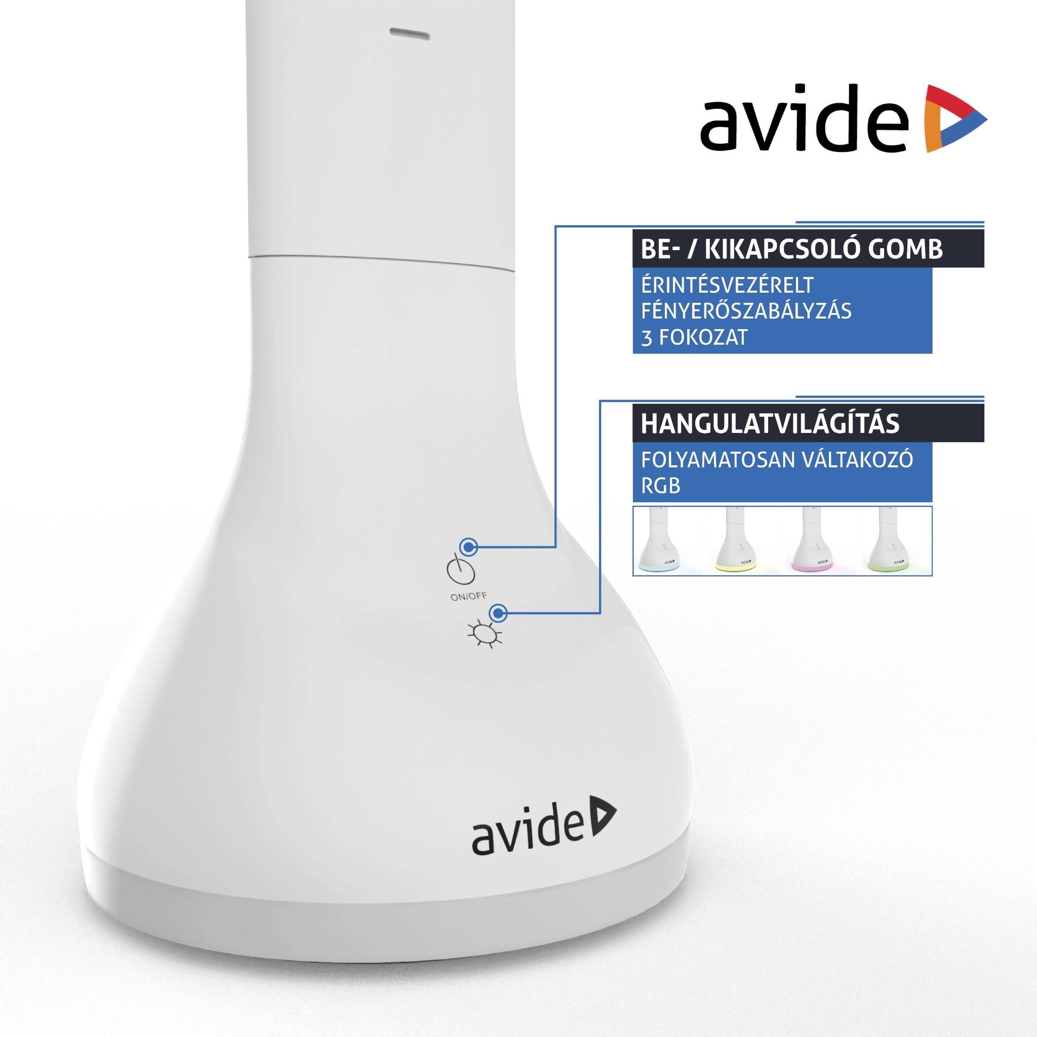 'Tischlampe mit Touch-Bedienung für Lichtregelung. Drei Helligkeitsstufen. RGB-Stimmungslicht. Marke: Avide.'