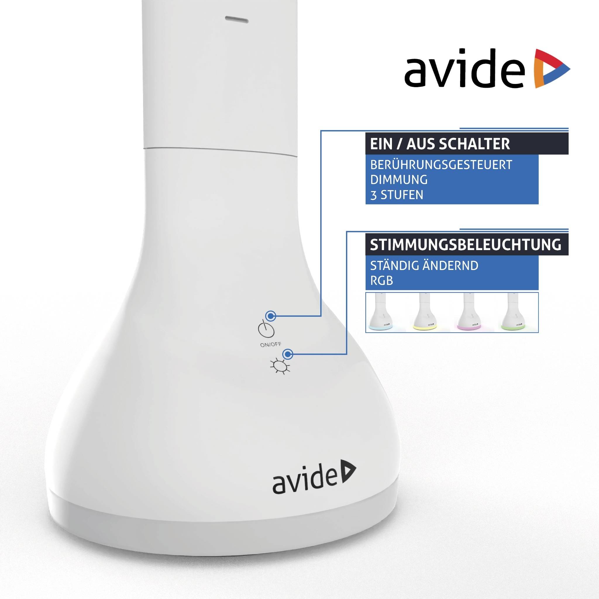 'Weiße Avide-Lampe mit Touch-Dimmer, 3 Stufen und RGB-Stimmungsbeleuchtung. Ein-/Ausschalter und wechselnde Farbmodi dargestellt.'