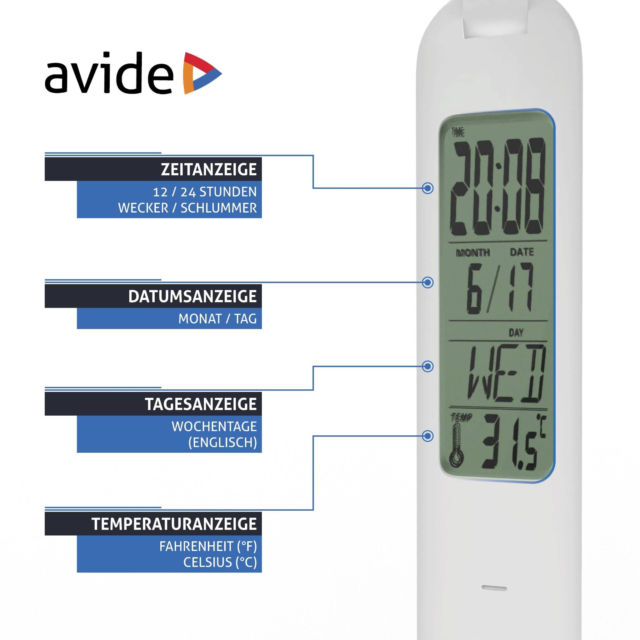Ein digitaler Wecker zeigt Zeit (20:08), Datum (6/17), Wochentag (Mittwoch) und Temperatur (31,5°C).