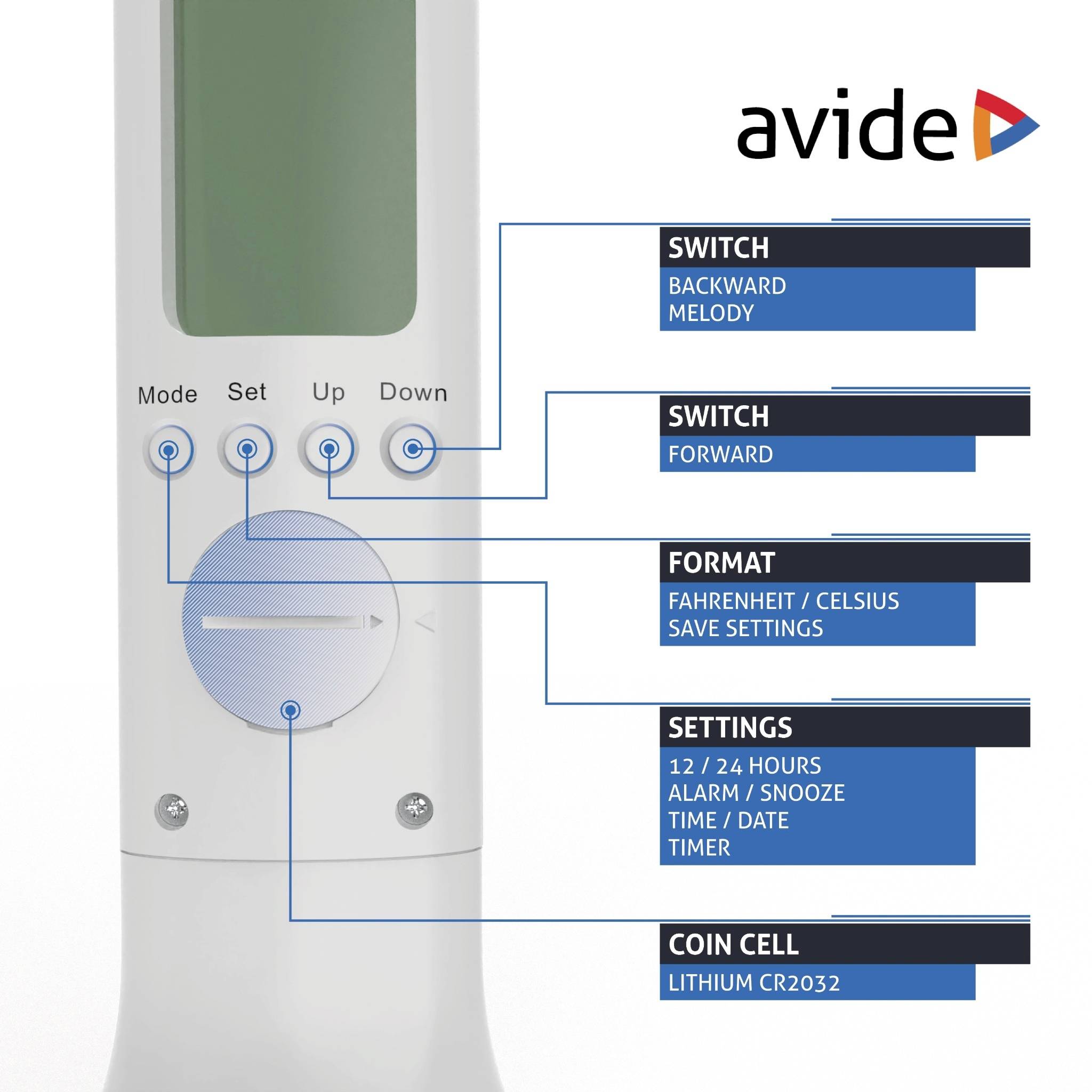Elektronisches Gerät, markiert 'avide', mit Funktionstasten für Modi, Lautstärke und Zeitformat. Betrieb mit Knopfzelle CR2032.