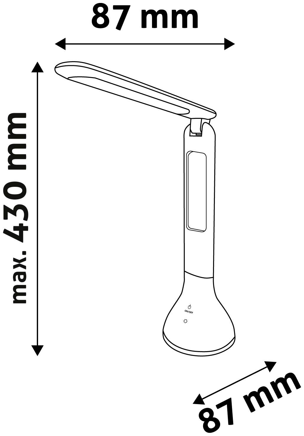 'Liniendiagramm einer Schreibtischlampe mit Maßen: Höhe maximal 430 mm, Breite und Tiefe jeweils 87 mm.'