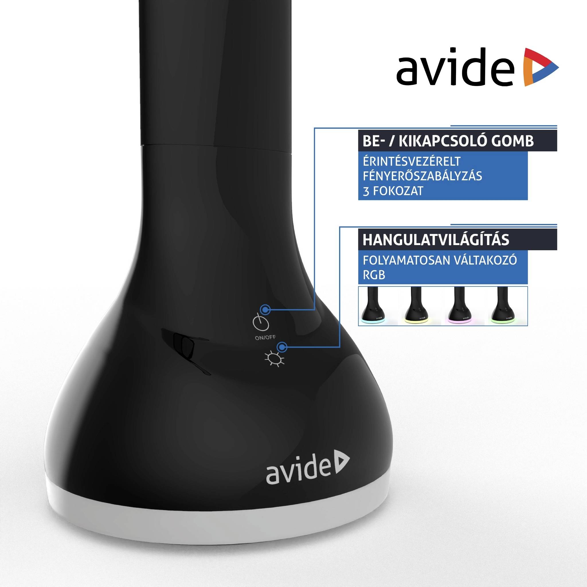 Eine schwarze Lampe mit Touch-Steuerung für Helligkeit und Farbe. Rechts im Bild stehen Beschreibungen der Steuerknöpfe auf Ungarisch.