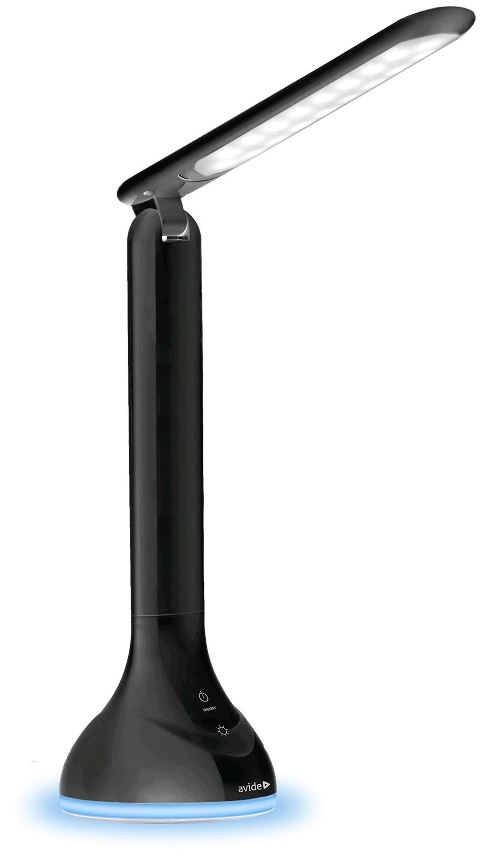 Eine schwarze LED-Schreibtischlampe mit flexiblem Kopf und touchsensitiven Schaltflächen am Sockel.