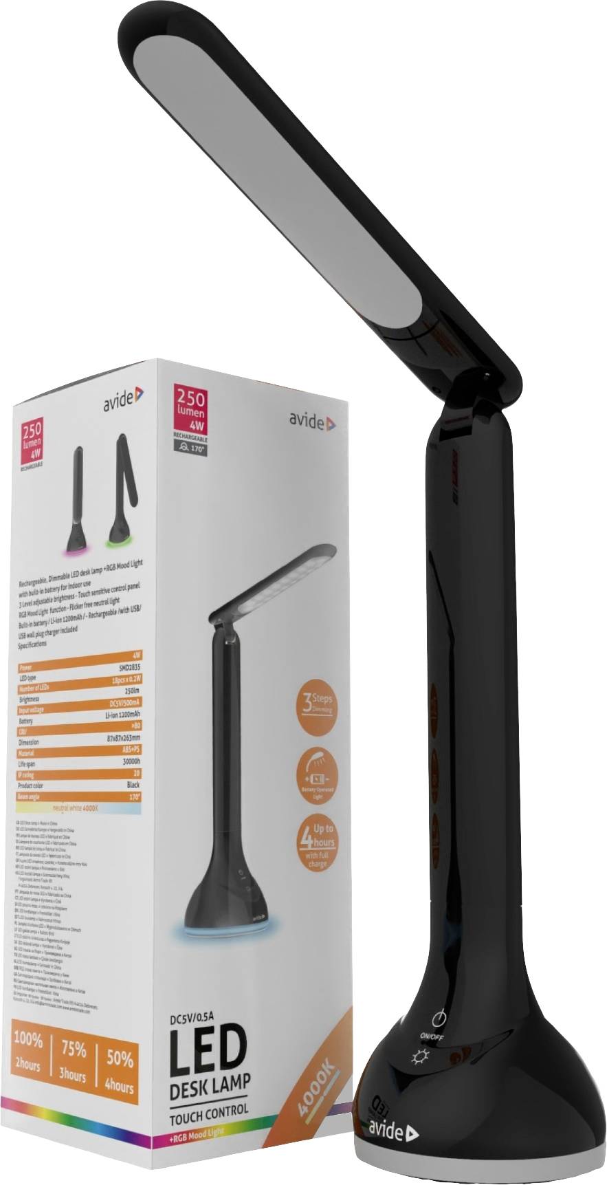 'Moderne schwarze LED-Schreibtischlampe mit Touch-Bedienung und verstellbarem Arm. Verpackung zeigt Funktionen und Produktbild.'