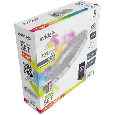 Verpackung eines LED-Streifen-Sets mit 792 Lumen, 2700K, steuerbar per WiFi und App. Enthält 5 Meter, 150 LED, RGBW-Funktion.