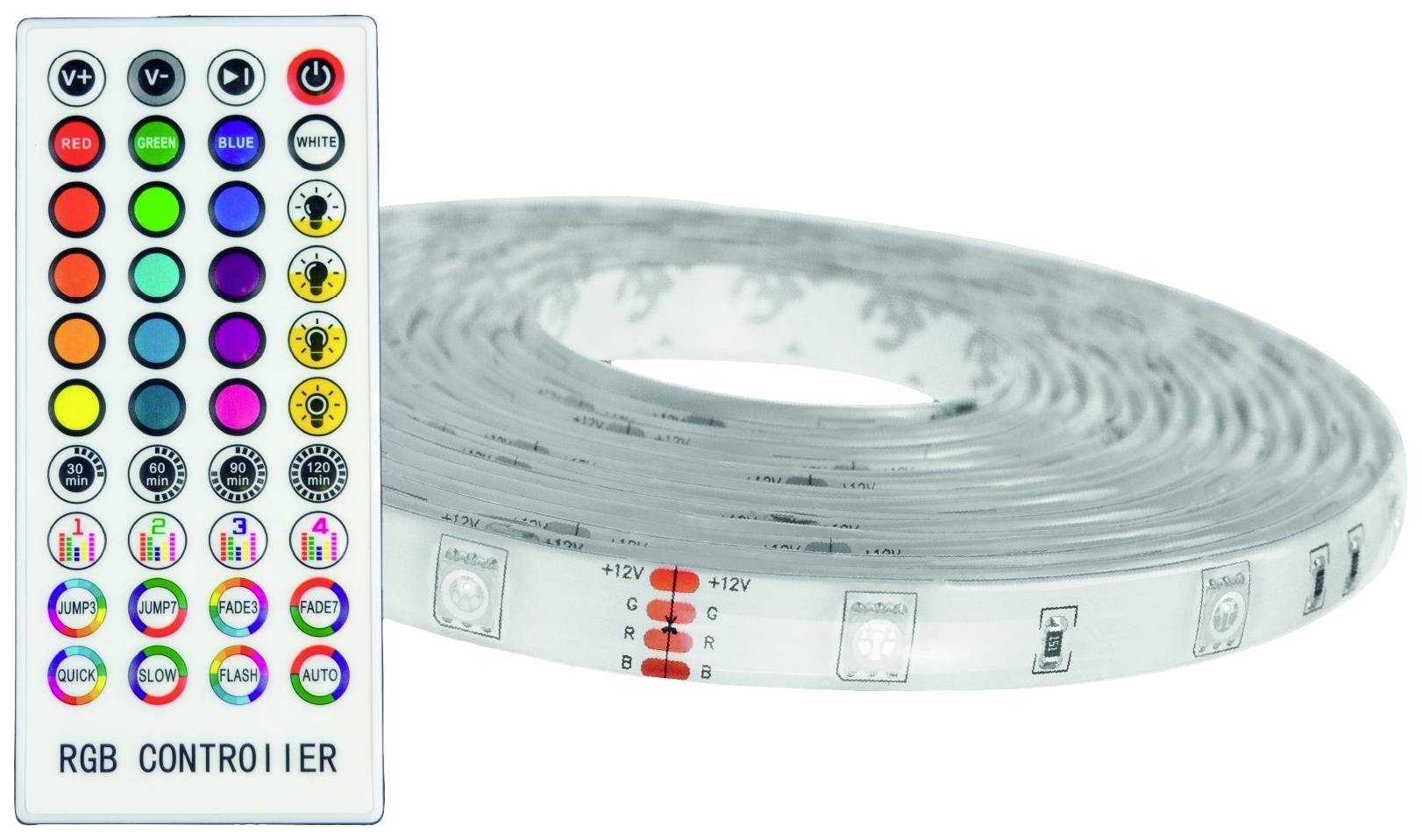 RGB-LED-Streifen mit Fernbedienung zur Farbauswahl und Helligkeitskontrolle. Steuerung verfügt über 24 Tasten mit verschiedenen Funktionen und Farben.
