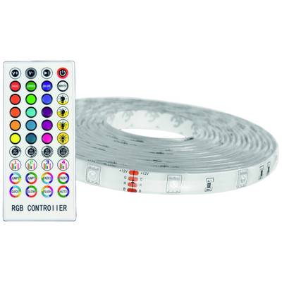 RGB-LED-Streifen mit Fernbedienung zur Farbauswahl und Helligkeitskontrolle. Steuerung verfügt über 24 Tasten mit verschiedenen Funktionen und Farben.