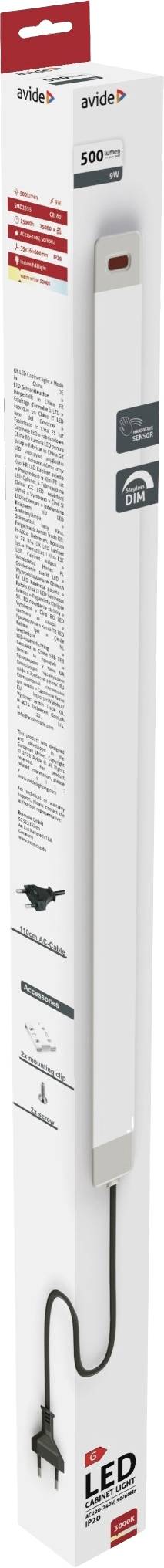 'LED-Leuchte in Verpackung' zeigt eine längliche weiße LED-Lampe mit europäischem Stecker. Verpackung betont energiesparende Eigenschaften.