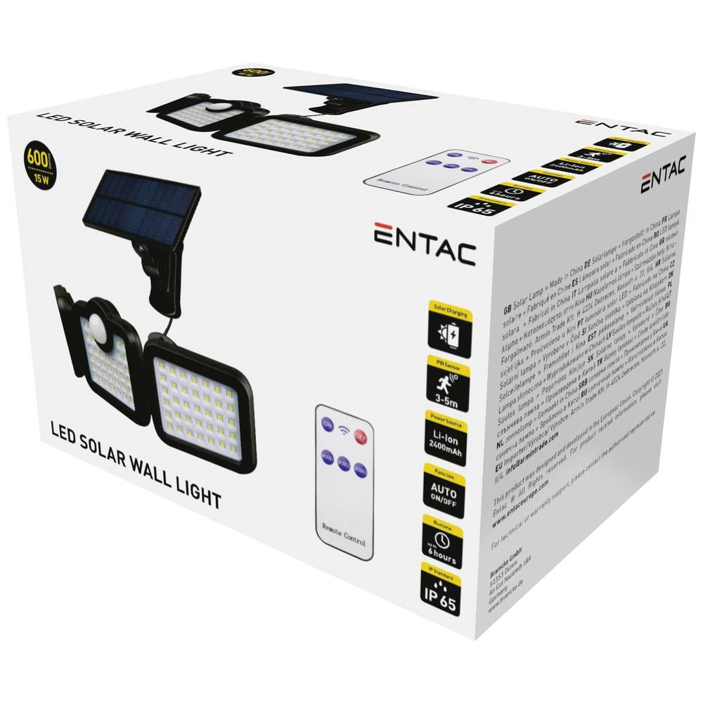 ENTAC ESL3H-SMD-RS LED-wandlamp met bewegingsmelder 15 W Zwart