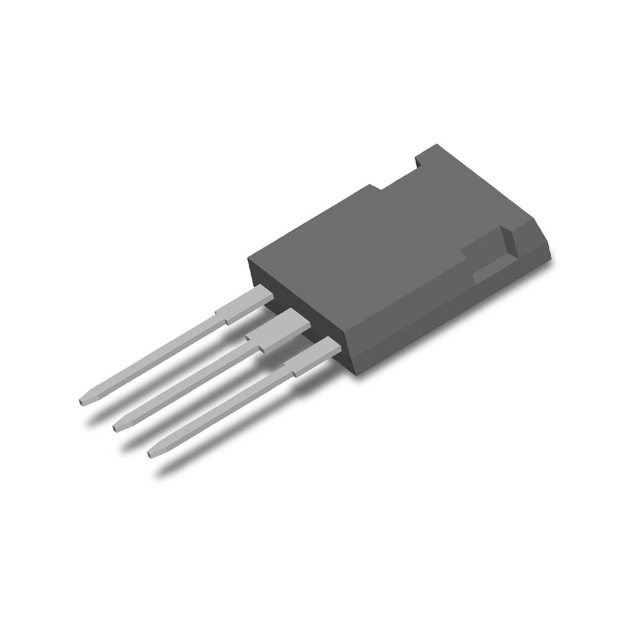 Ein schwarzer elektronischer Transistor mit vier Metallanschlüssen, der auf einer weißen Oberfläche liegt.