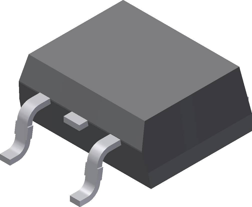 Ein graues, rechteckiges elektronisches Bauteil mit zwei gebogenen Metallanschlüssen.