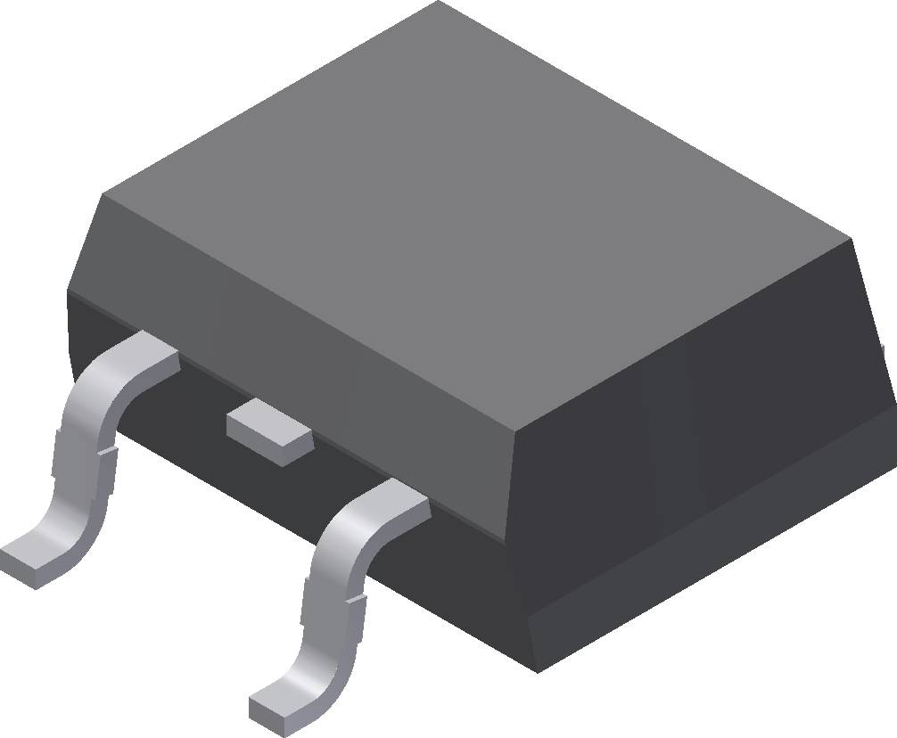 Silbergraues elektronisches Bauteil mit zwei gebogenen Anschlüssen auf der Unterseite, liegend auf einer weißen Oberfläche.