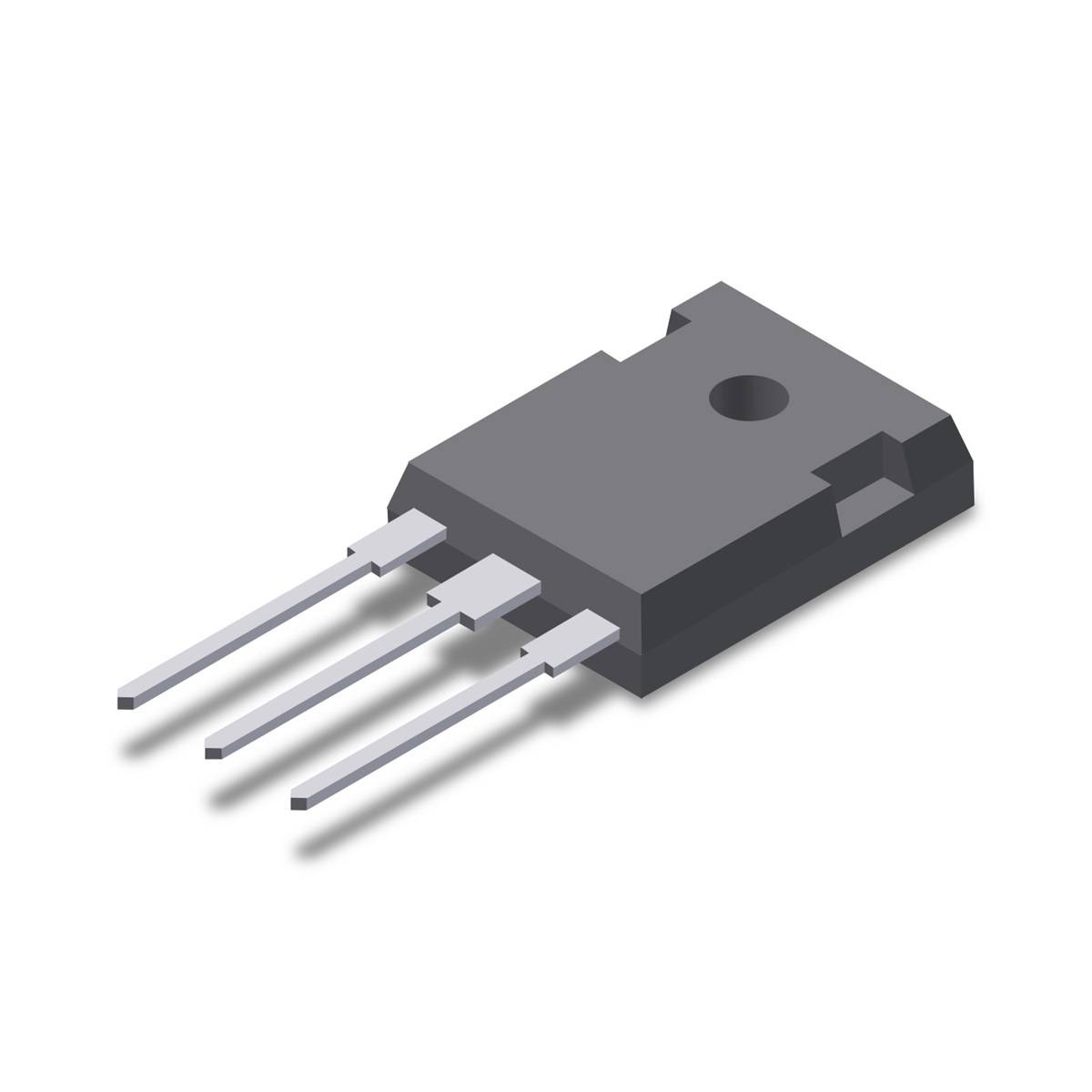 Transistor mit drei Metallanschlüssen in einem schwarzen Gehäuse, illustriert. Elektronikkomponente für Schaltungen.