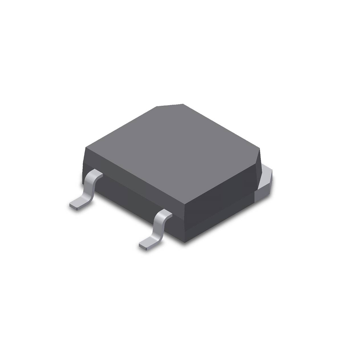 Ein blaues Halbleitergehäuse im SOIC-Stil mit vier Anschlussbeinchen, gezeigt in einem 3D-Digitalmodell.