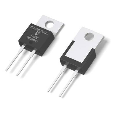Zwei elektronische Bauteile mit drei Anschlüssen. Aufschrift: 'SIC25D065A20' und '1835F T917520.01'. Schwarzes Gehäuse mit Metallplatte.