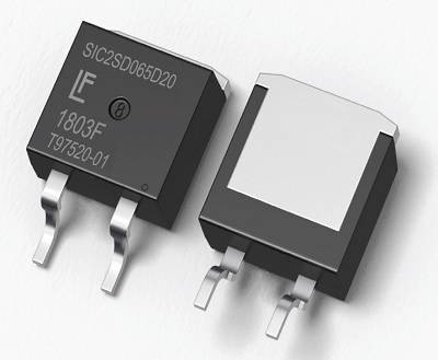 Zwei schwarze, flache elektronische Bauteile mit drei Metallpins, je mit der Aufschrift 'SI(2SD065D20)' und 'T97320-01', auf weißem Hintergrund.