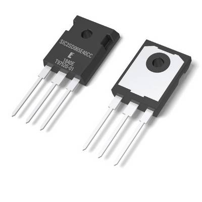 Ein schwarzer, rechteckiger Halbleiter-Bauelement mit fünf Metallpins, oft in Elektronik verwendet. Oben steht 'SIC2SD065E400CC 1E'.