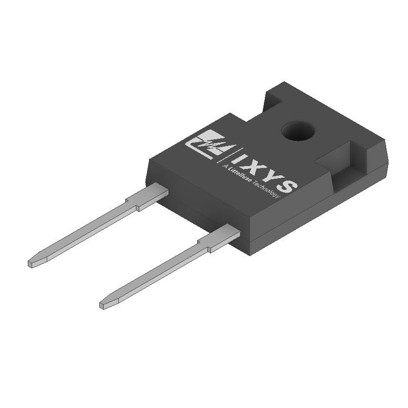 Ein schwarzer Leistungshalbleiter mit zwei Metallstiften, möglicherweise für elektronische Anwendungen. Markenlogo auf der Oberseite.