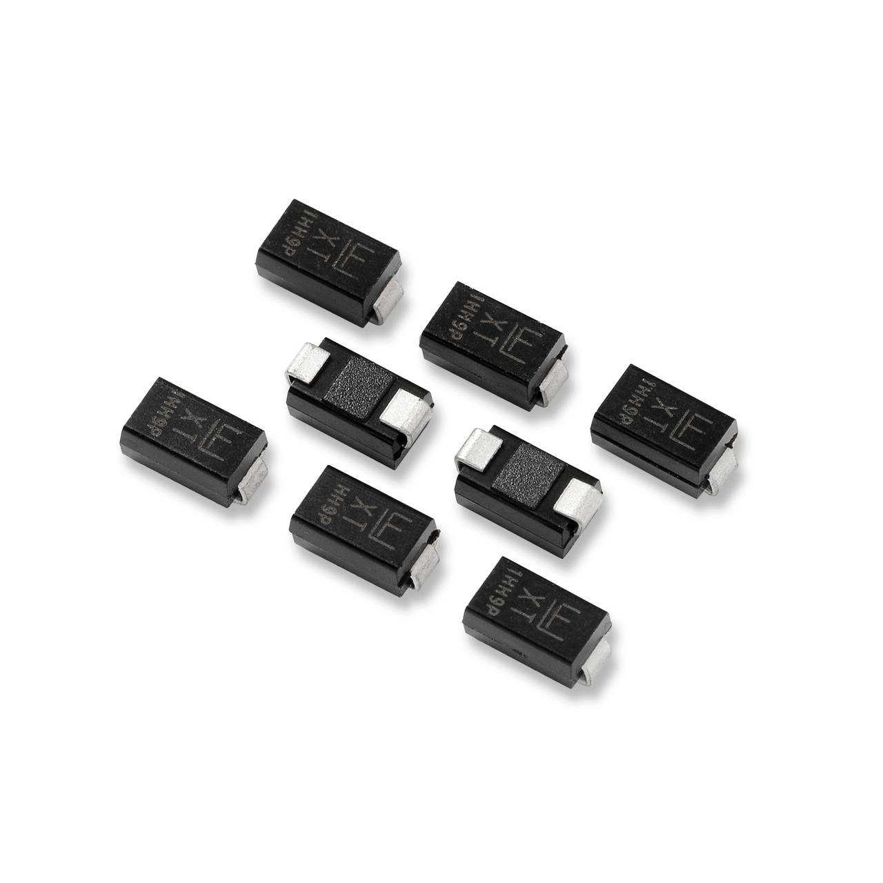 Acht schwarze SMD-Dioden mit Beschriftung auf weißem Hintergrund, angeordnet in zwei Reihen. Sie sind für elektronische Schaltungen gedacht.