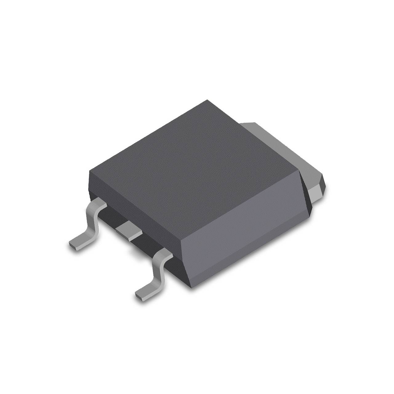 Ein elektronisches Bauelement mit drei Anschlüssen, wahrscheinlich ein Transistor oder Spannungsregler, auf weißem Hintergrund.