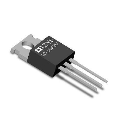 Ein schwarzer Halbleitertransistor mit drei Metallbeinen und der Aufschrift 'IXYS IXT14N60X2', typisch für elektronische Schaltungen.