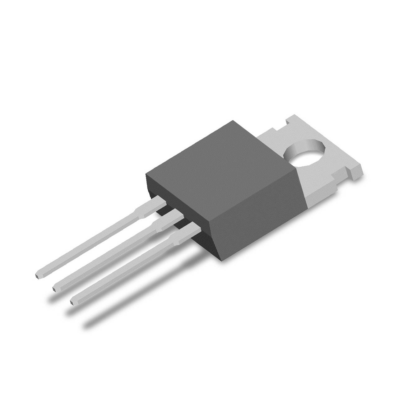 Drei-poliger Transistor im TO-220-Gehäuse, schwarz mit silbernen Anschlussbeinen, zur Verstärkung oder Schaltelektronik in Geräten.