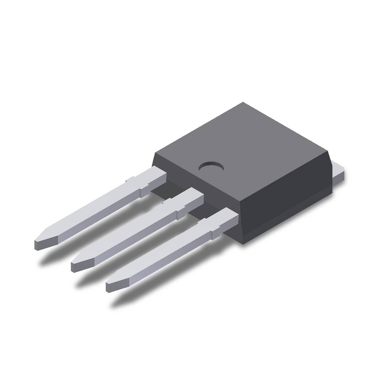 Ein dreipoliges elektronisches Bauteil, vermutlich ein Transistor, in einem TO-220-Gehäuse, mit flachen Metallpins für die Montage.