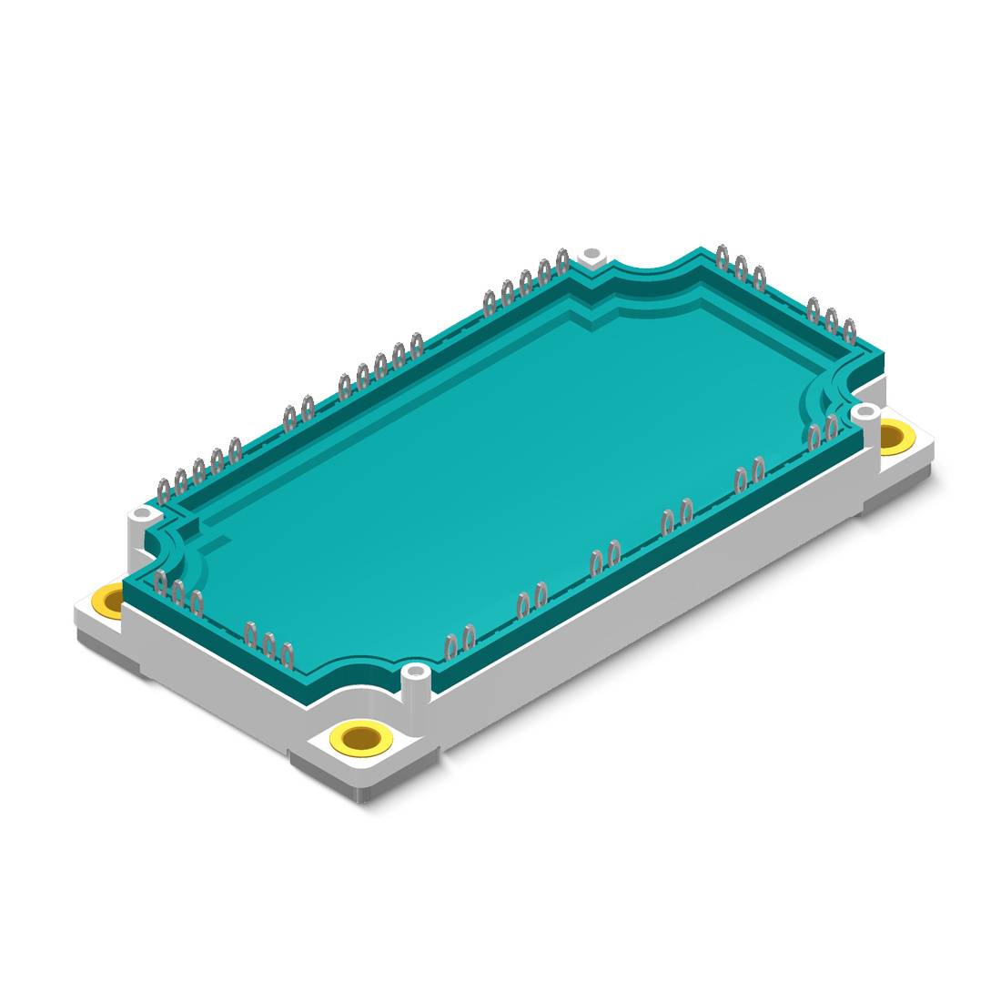 Ein blaues elektronisches Schaltmodul mit mehreren Pins an den Seiten, auf einem grauen Sockel montiert.