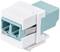 Ein rechteckiger, weiß-blauer Glasfaseradapter mit zwei Anschlüssen, geeignet zum Verbinden von Glasfaserkabeln in einem Netzwerksetup.