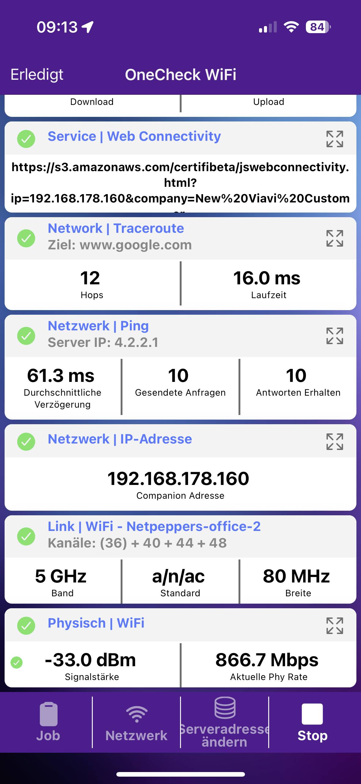'Netzwerküberprüfung in App: Verbindungstest, Traceroute zu google.com, Ping mit durchschnittlich 61,3 ms, öffentliche IP-Adresse 92.168.178.160.'