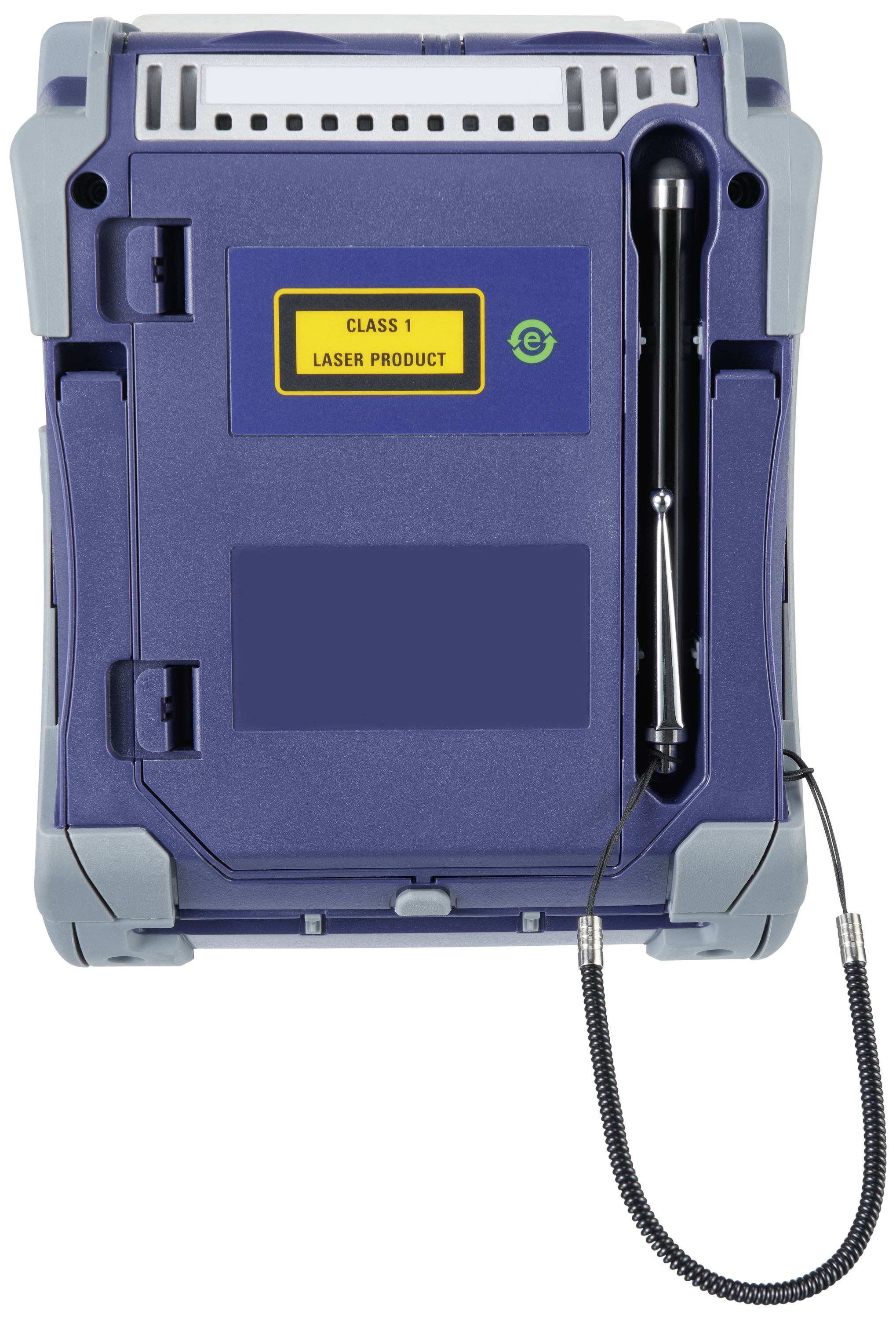 Ein blaues, rechteckiges Gerät mit grauen Ecken. Auf der Rückseite befindet sich ein gelbes Label mit der Aufschrift 'CLASS 1 LASER PRODUCT'.