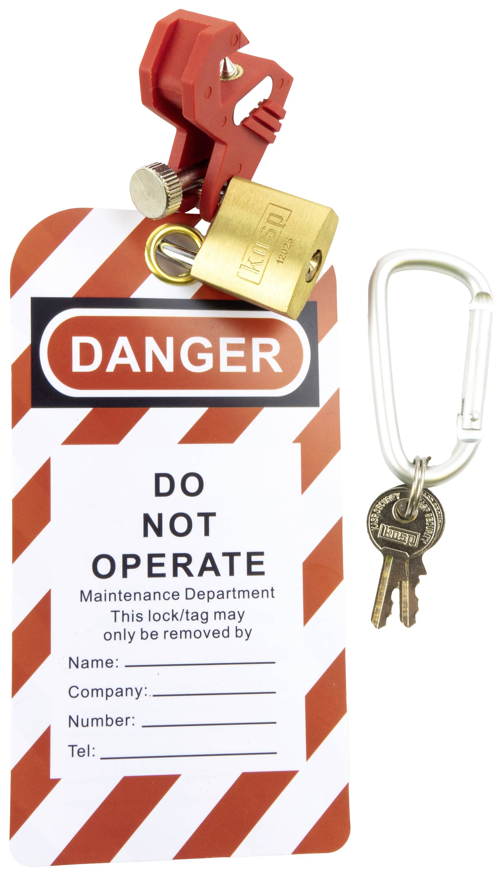 'Warnschild mit rotem Kopf und diagonal weißen Streifen; Text: "DANGER DO NOT OPERATE". Verschlossen mit Vorhängeschloss und zwei Schlüsseln.'