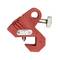Ein roter, metallener Klemmhalter mit Schraubmechanismus, zum Befestigen an Objekten. Mit sichtbarer Halterungsschraube.