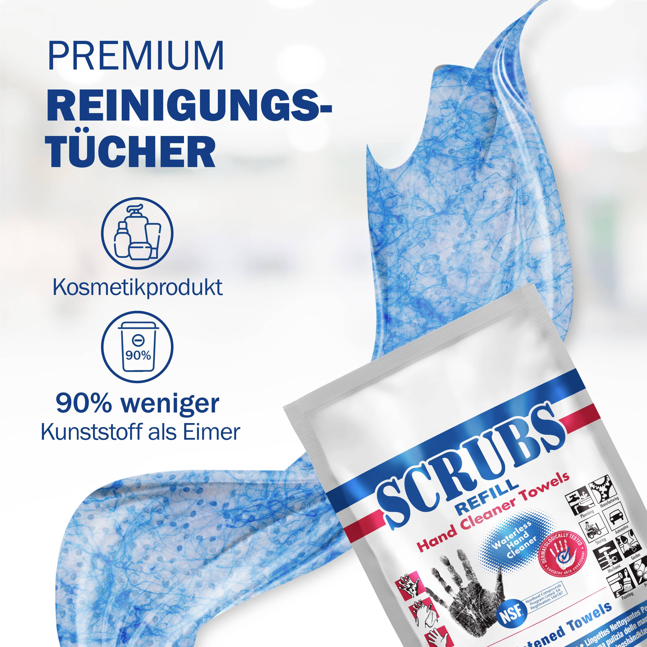 Beutel mit blauen Reinigungstüchern, Etikett 'SCRUBS' und Hinweisen: 90% weniger Kunststoff, Kosmetikprodukt, Premium.